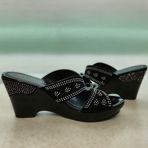 Black Rhinestone Wedge Sandals - Picture 8 of 11